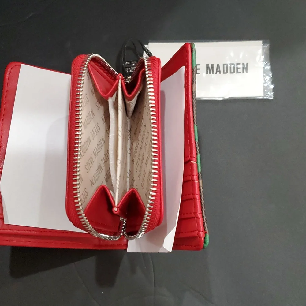 Steve Madden brown plaid checkered look and cherry print bglory red snap wallet - Picture 6 of 12